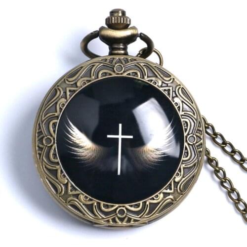 Antique Retro Cross With Angel Wings Design Bronze Quartz Pocket Watch Black Fob Watch With Necklace Chain Pendant Jewelry Watch