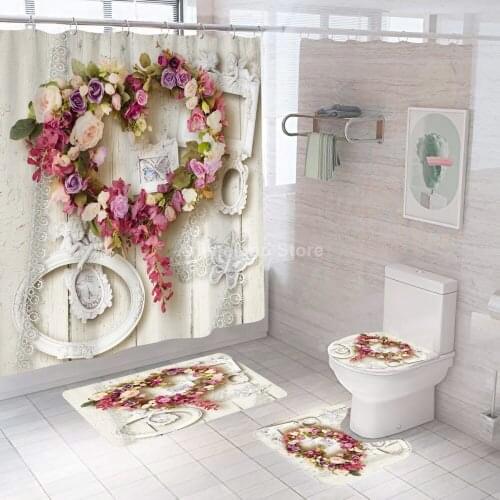 Flowers Wreath Shower Curtains Fashion Bathroom Curtain Bath Sets Toilet Cover Mat Non-Slip Washroom Rug Set Modern 180x180cm