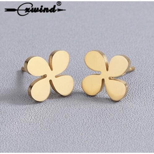 Cxwind Women Fashion Gold Color Four Leaf Flower Stud Earrings Plant Design Swirl Leaves Earring Stainless Steel Jewelry