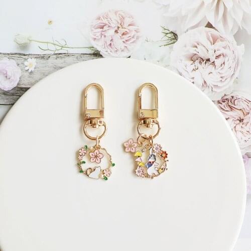 Cartoon Rabbit Cat Keychain Flower Garden Pendant Backpack Keyring Key Chains Charms Couple Gift Original Design Kids Gift