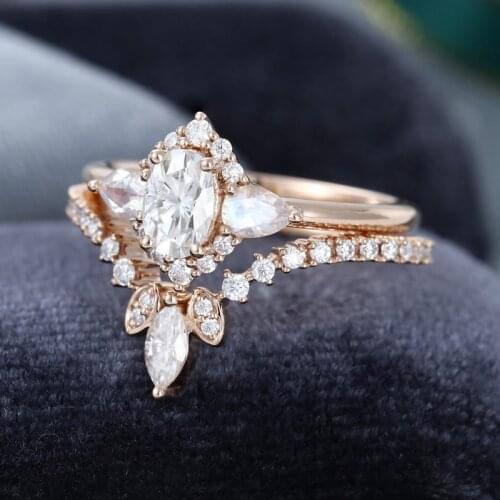 EDI Oval Cut Moissanites Engagement Ring Set 14k Rose Gold Pear Shaped Moonstone Unique Halo Diamond Ring Curved Ring For Women