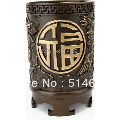 FengShui Brass brush pot statue /tubular penrack Sculptures / pen container Figurine /FU brush pot