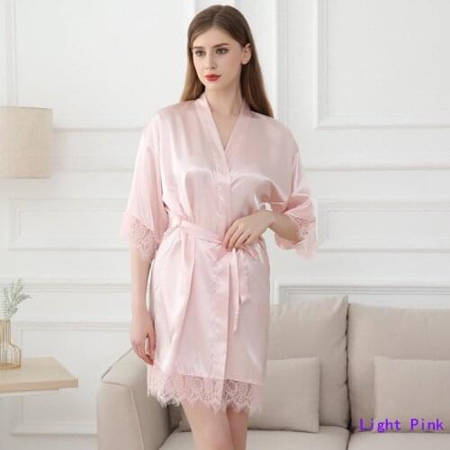Lace Kimono Robe Gown Satin Women Sleepwear Casual Loose Lingerie Bridal Bridesmaid Wedding Bathrobe Thin Nightwear With Belt