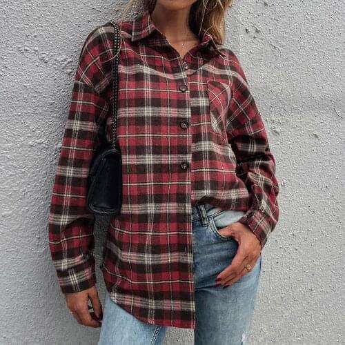 Fashion Red Plaid Shirt Womens 2021 Autumn Winter European /American New Style Red Lapel Single-breasted Long-sleeved Blouse