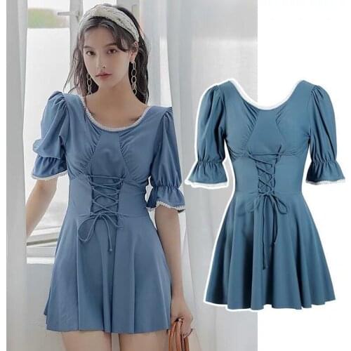 2021 New Short Sleeve One Piece Swimsuit Monokini Womens Beach Swimdress Bandage Push Up Padded Bathing Korean Style Suit