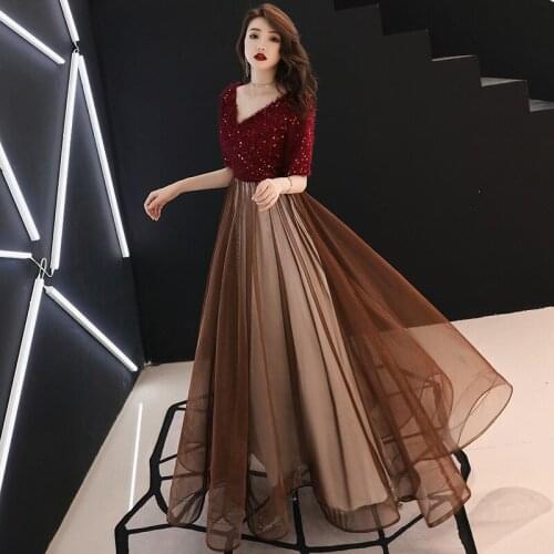 2021 New Fashion Evening Dress Half Sleeve Sexy V-neck Prom Dress a Line Floor Length Banquet Party Dress Sequins Haute Couture