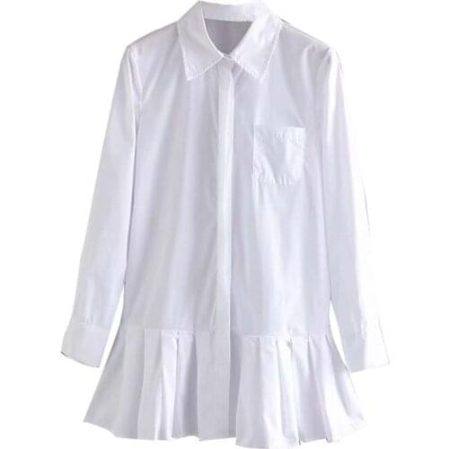 Solid Color Casual A-Line Dress Women White Pleated Shirt Mini Dress Long Sleeve Turn Down Collar Office Dresses