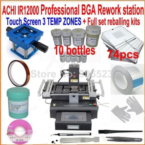 Original ACHI IR12000 Touch screen BGA soldering station + Professional 90mm 74pcs stencils bga reballing kit solder ball 20gift
