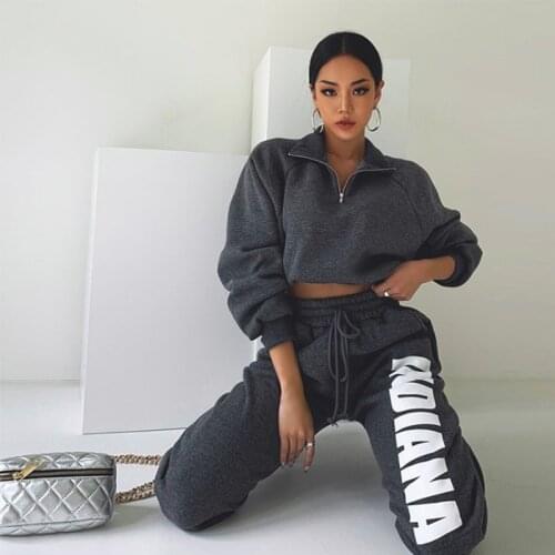 Autumn Winter Women Sweatshirt Suit Oversized Two Piece Sets Zip Up Turtleneck Fleece Hoodies Casual Print Sweat Pants
