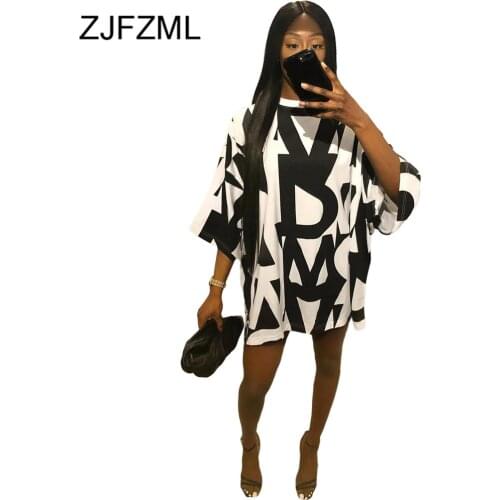 Black White Letter Print Casual Loose Dress Women New Scoop Neck Three Quarter Sleeve Vestido High Street Oversized Robe Femme