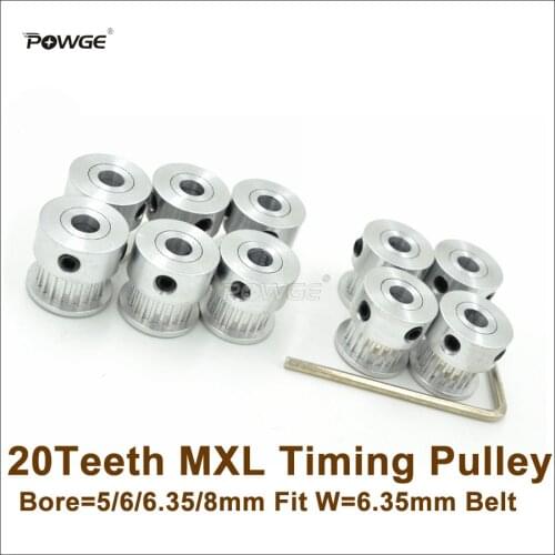 POWGE 20pcs 20 Teeth MXL Timing Pulley Bore 5/6/6.35/8mm Fit W=6.35mm MXL Belt 20T 20Teeth MXL Pulley 3D Printer DIY Ultimaker