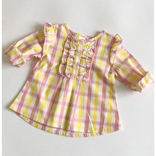 Pink/yellow Plaid Girls Shirt Spring Summer Infant Kids Blouse for Girls Clothes Toddler Baby Shirt Princess Lace Shirt Newborn