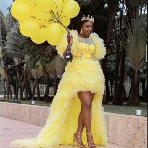 Sweet Bright Yellow High Low Tulle Birthday Party Dresses Women Lace Beaded Prom Gowns With Puff Short Sleeves