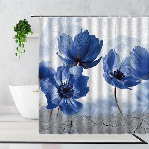 Retro Blue Oil Painting Flowers Shower Curtains Lotus Lily 3D Printing Home Decor Background Waterproof Bath Curtain With Hooks