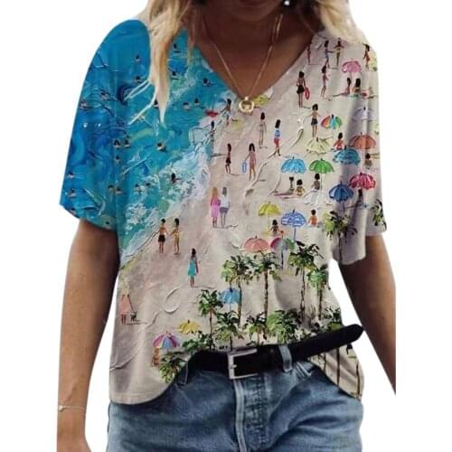 Ladies Tops Tshirt Short Sleeve Beach Vacation Print Women V Neck T-Shirt Fashion Casual Tee Shirt Loose Female T-Shirt D30