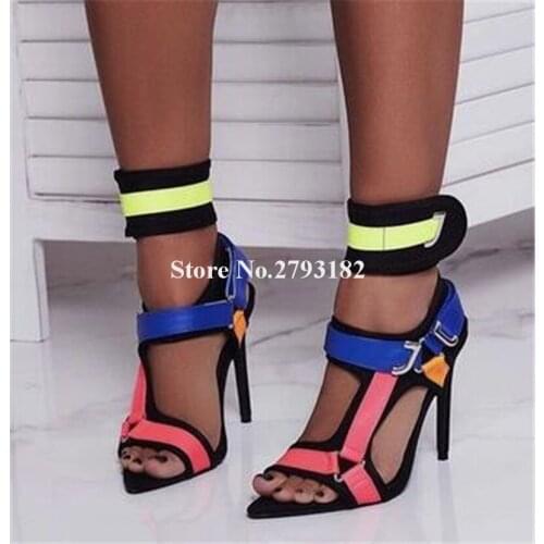 Women Open Toe Patchwork Suede Leather Stiletto Heel Sandals Ankle Wrap Pink Blue Yellow Mix-colored High Heel Sandals Club Shoe