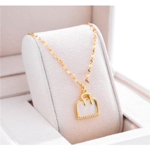 Sweet Elegant Crystal Inlaid Shell Handbag Pendant Women Necklaces Luxury No Fade Gold Color Stainless Steel Ladies Jewelry Gift