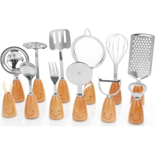 12Pcs/Set Sets Of Korean Wooden Handle Smiling Face Tableware Suit Stainless For Kitchen Gadgets Suit Cooking Tools