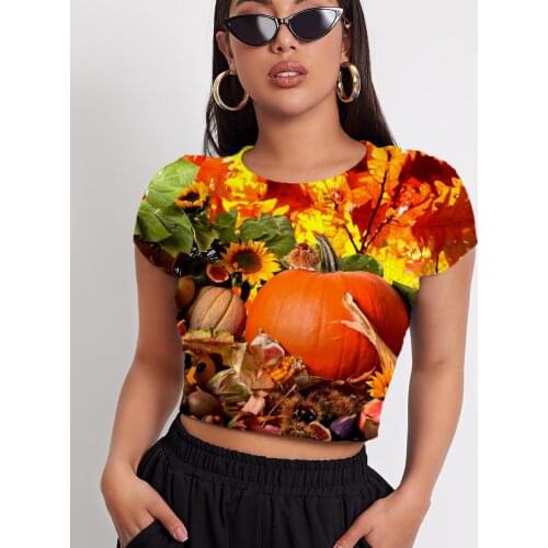 3d Tshirt Pumpkin T shirt Women Halloween Shirt Print Flower Tshirt Printed Maple Leaf Navel Bare Short Sleeve T shirts