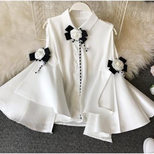 Spring autumn womens big flare sleeve contrast color chiffon shirt female vintage chic tees tops blouse outwear TB849