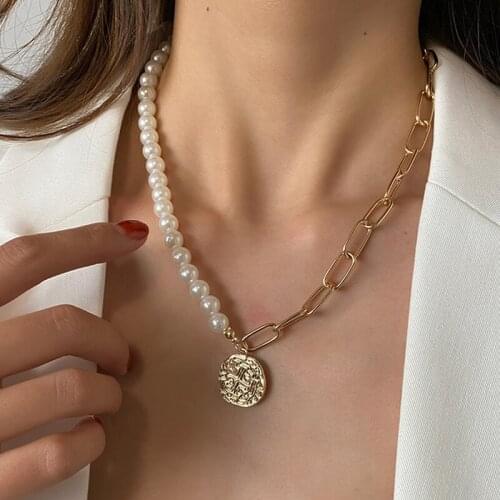 Origin Summer Fashion Faux Pearl Chunky Link Chain Necklace for Women Minimalist Gold Color Wide Curb Link Coin Chokers Necklace