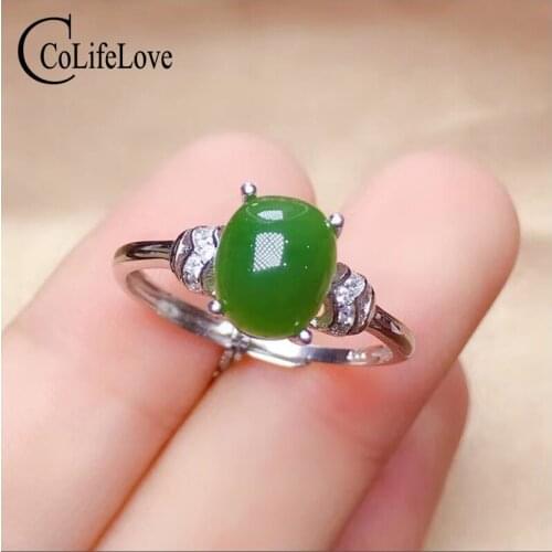 CoLife Jewelry Simple Gemstone Ring for Office Woman 7*9mm Natural Jasper Ring 925 Silver Green Jade Jewelry Gift for Woman