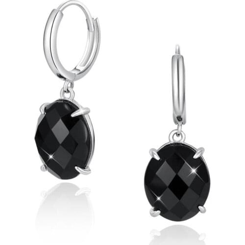 ANNA QUEEN Black Earrings Hoop Earrings 925 Sterling Women Oval Black Onyx Dangle Drop Earrings SL0052
