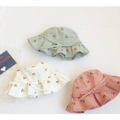 Summer Baby Girls Bucket Hat Cute Cherry Fruit Print Bow Wide Brim Panama Hats Soft Cotton Outdoor Kids Sun Cap