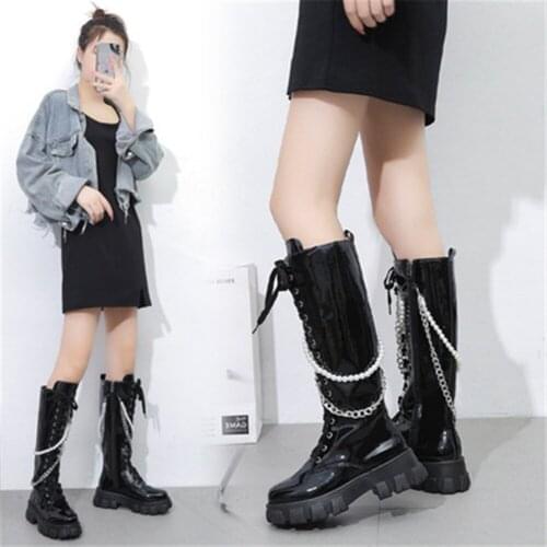 New Autumn Female Pearl Gothic Long Botas Black Patent Leather Knee High Fashion Mid Calf Boots Platform Lace Up Shoes For Women