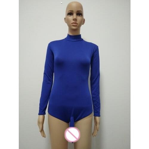 Blue color sexy mens Spandex jumpsuit Leotard catsuit Long Sleeve with penis sheaths