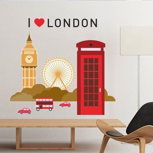 I Love London UK England Landmark Flag Illustration Pattern Removable Wall Sticker City Buildings Art Decals Mural DIY Wallpaper