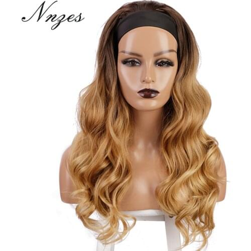 NNZES 24 Inches Synthetic Long Wavy Ombre Blonde Headband Wig for Women Heat Resistant Fiber Black Ombre Red Wig