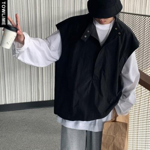 Japanese Retro Streetwear Men Cargo Outwear Tops Harajuku Hip Hop Tank Tops Chic Mens Casual Loose Waistcoat Sleeveless T Shirts