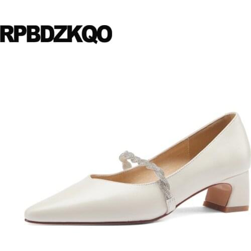 Pointed Toe Strap Women Pumps Girls High Heels Mary Jane Suede Medium Thick Diamond Crystal Rhinestone Black Bridesmaid Shoes