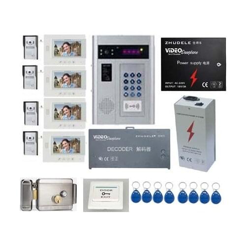 ZHUDELE Multi-Home Video Door Phone Intercom System Doorbell 7"TFT Monitor Support Second Outdoor Unit For 4 Unit Apartment+LOCK