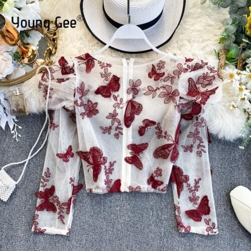 Young Gee Vintage Ruffle Puff Sleeve Lace 3D Flower Embroidery Blouses Long Sleeve Women Spring Summer Blouse Sheer Red Shirts