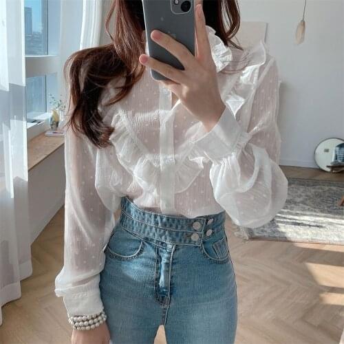 2021 Korea Ruffles Chic Mujer Shirts Sweet Office Ladies Autumn Full Sleeves Casual Polka Dots Blouses Femme Tops