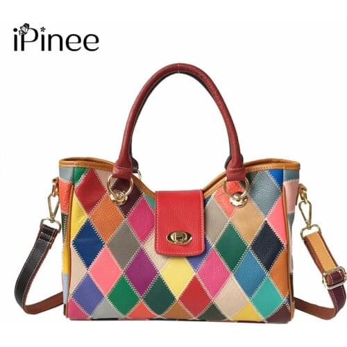 IPinee 100% Natural Genuine Leather Women Handbag Colourful Cowhide Tote Fashion Women Messenger Bags