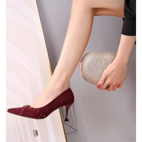 2021Spring and Autumn Suede High Heels Woman Shoes Pointed Toe Dress Shoes Basic Pumps Women Size 33-41 Red Black