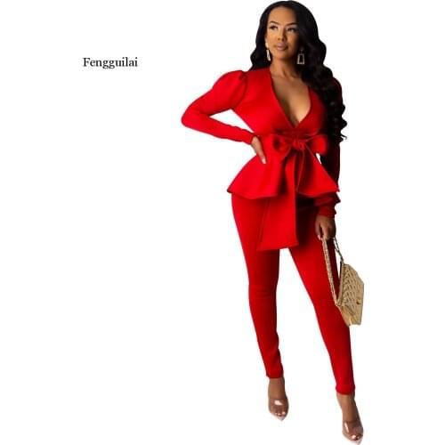 Womens Sexy Fashion Pure Color Bow Tie Deep V-Neck Long Sleeve Set