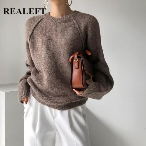 REALEFT 2021 New Autumn Winter Womens Sweaters Vintage Long Sleeve O-Neck Casual Loose Knitting Pullovers Knitwear Tops Female