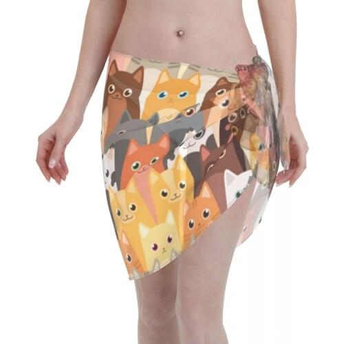 Women Beach Bikini Cover Up Cartoon Cute Cats Pattern Wrap Skirt Sarong Scarf Beachwear Bathing Suit Beachwear Swimsuits