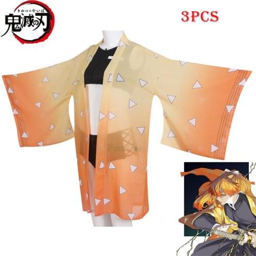Anime Demon Slayer Swimsuit Agatsuma Zenitsu Cosplay Costume Kimetsu No Yaiba Train Mugen Bikini 3PCS Party Swimsuit Woman Girls