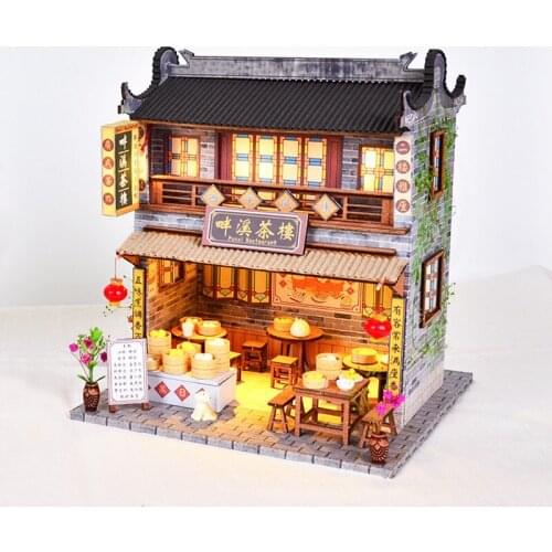 DIY Wooden Dollhouse Miniature Furniture With LED Light Kit Tea House Dollhouses Assemble Toy for Children Birthday Gift Casa
