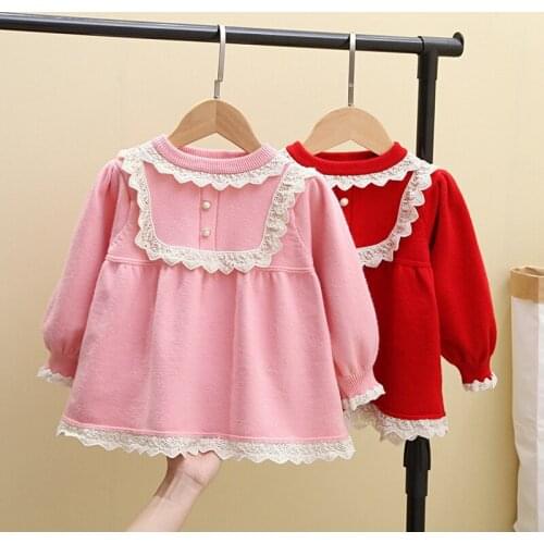 Sweet Autumn Girls Princess Knitwear Dress Kids Children Baby Infants Long Sleeve O-neck Knit Lace Dresses Vestidos S12886
