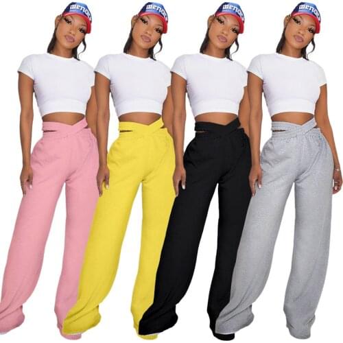 Girls Solid Wide-Leg Pants Fashion High Waist Cross Female S-XL Loose Floor Length Sports Casual Trousers High Quality