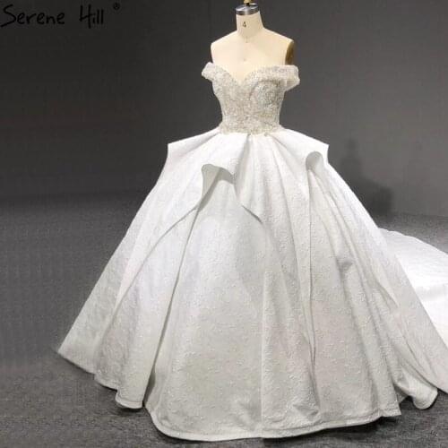 Dubai Ivory Satin Off Shoulder Wedding Dresses 2020 Beading Ctystal Sleeveless Bridal Gowns HA2397 Custom Made