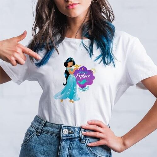 Princess Jasmine T-shirts Kawaii White Tees Dropship Disney Harajuku Style Tshirts Women Clothes Summer New T Shirts Casual Cute