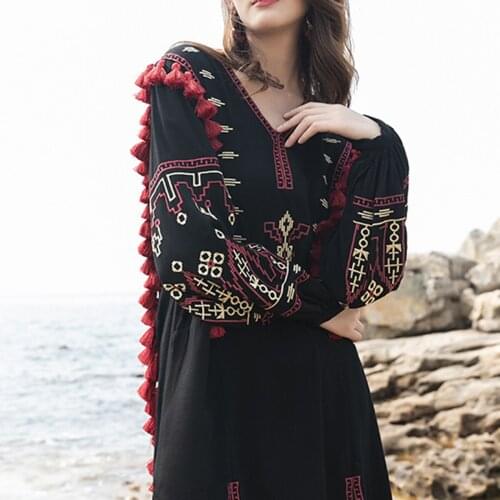 Jastie Autumn Vintage Womens Clothing V-Neck Long Sleeve Tassel Decoration Pattern Embroidery Dress Bohemian Holiday Dresses