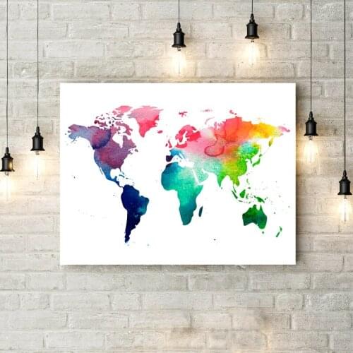 World Map Watercolor Print Home Decor Map of the World Poster Art Canvas Painting Wall Picture for Living Room Decoration